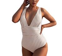 Generico Maillot de bain pour femme, Curvy col en U Bikini une pièce Push Up Plage Beachwear Maillots de contrôle du ventre Modeste sexy de la mer, beige, M
