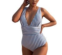 Generico Maillot de bain pour femme, Curvy col en U Bikini une pièce Push Up Plage Beachwear Maillots de contrôle du ventre Modeste sexy de la mer, bleu, S