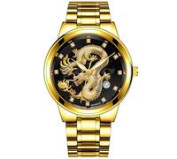 Generico Montre de luxe en acier inoxydable dragon gravé avec date et cadran diamant classique montre de travail décontractée, G