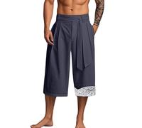 Generico Pantalon à Jambe Large Droit à Trois Quartiers Shorts d'Été pour Hommes en Lin Japonais Style rétro Élastique Traditionnel Hakama Kung Fu Kimono Salle De Bain Décontracté Lâche Yoga Jogging