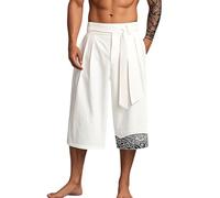 Generico Pantalon à Jambe Large Droit à Trois Quartiers Shorts d'Été pour Hommes en Lin Japonais Style rétro Élastique Traditionnel Hakama Kung Fu Kimono Salle De Bain Décontracté Lâche Yoga Jogging