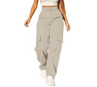 Generico Pantalon cargo pour femme d'été taille haute respirant pantalon ample léger de sport avec muets, poches Streetwear avec poches latérales pantalon confortable Y2k Trekking Jogging Pants, beige