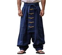 Generico Pantalon pour Hommes Style Chinois Léger d'Été Casual Plage Coupe Large Taille Élastique pour Loisirs Kung Fu Tai Chi Large rétro Jambe Large pour un usage quotidien, bleu marine, L