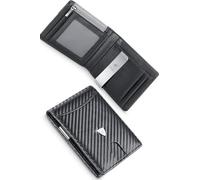 Generico Petit Portefeuille Homme Slim Bloc RFID avec Pince à billets avec Carte de Poche Documents, Porte Carte de Crédit, Fenêtre d'identification, Cuir de Carbone avec Boîte Cadeau, Noir , S