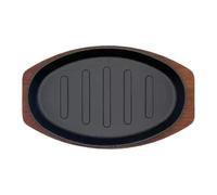 Generico Poêle à gril en fonte ovale de 25,4 cm avec base en bois pour steak, support pour steak, teppanyaki résistante pour une cuisson uniforme à la chaleur