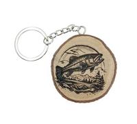 generico Porte-clés en bois naturel avec poisson, truite saumon avec fond de montagnes, lac et bois, Bois de pêche, Taille Unique