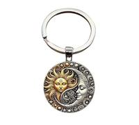 Generico Porte-clés Soleil et Lune Fond Noir Couleur Argent en Verre Cabochon Talisman Porte-bonheur Amulette Très puissant Harmonie Équilibre Amour Gadget Accessoires Idée Cadeau