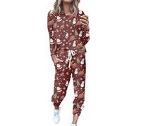 Genérico Pyjama d'automne 2 pièces pour femme avec t-shirt à manches longues et col rond et pantalon de sport avec cordon de serrage, Rouge brique, XL