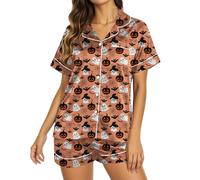 Generico Pyjama d'été pour femme Halloween Slim Fit Ensemble pyjama deux pièces satin haut et short sexy pyjama court boutons devant élégant pyjama complet décontracté respirant léger, 01#Rose Gold