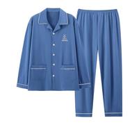Generico Pyjamas Deux Pièces Hommes Coton Pyjama Imprimé Lettres Sur Tout Le Corps Robe de Maison Pratique avec Poche Veste Flanelle Sleepwear Manches Longues Pyjama Tops en Coton Homme, bleu, XL