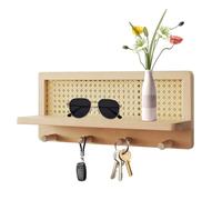 Generico Rattan Wall Shelf - Wall Shelf with Hooks | Hangable Wooden Boho Shelves Walls Hook | Nursery Book Shelves with Key Hangers, Rustic Farmhouse Storage Organizer for Home Hotel Businesses