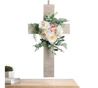 Genérico Religious Cross - 17,32 pouces Wall Decor | Plywood Floral Sign - 3D Wooden Easter Cross with Silk Flowers and Tassel For Farmhouse Porch Garden Fence Indoor Home Decoration