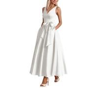 Genérico Robe de soirée formelle en satin avec col en V et col en V, taille empire et poches pour la mère de la mariée, argent métallique, Small