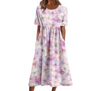 Generico Robe Femme Élégante Longue Élégante Robes d'Été Confortable Large Col Rond Robes de Soleil Doux Camisole Robe de Plage à Manches Courtes Vintage Vacances Robe de Soirée, Rose chaude., XL