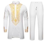 Generico Robe Homme Africaine à Manches Longues Dashiki Traditionnel Ethnique Salopette 2 Pièces Ensemble Coton Musulman Rétro Ethnique Ramadan Caftan Pantalon avec Cordon de serrage et Chemise Longue