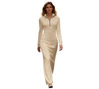 Genérico Robe longue décontractée à coupe étroite avec taille légèrement marquée, col haut, avec fermeture éclair partielle pour un style moderne, beige, Large