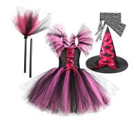 Genérico Robe tutu d'Halloween pour filles | Ensemble de 4 pièces Costume de sorcière avec manches, balai, chapeau | Robe de cosplay confortable pour les fêtes, l'école, au quotidien
