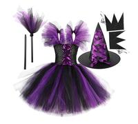 Genérico Robe tutu d'Halloween pour filles | Ensemble de 4 pièces Costume de sorcière avec manches, balai, chapeau | Robe de cosplay confortable pour les fêtes, l'école, au quotidien
