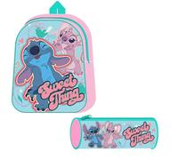 Generico Set de maternelle Stitch & Angel, sac à dos 29 cm + trousse à crayons, kit scolaire pour enfants 2-5 ans, rose et turquoise