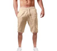Generico Short de lin pour homme respirant décontracté pantalon court lin coton couleur unie d'été short homme hawaïen mer bermudas avec poches de sport élégant vacances shorts de plage, jaune, M