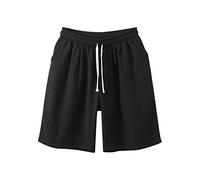 Generico Short de sport pour homme, taille élastique avec cordon de serrage, pantalon court en coton et lin, couleur unie, respirant, décontracté, doux, bermuda avec poches, Noir , XXXXXXXL