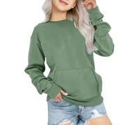 Generico Sweatshirt pour fille sans capuche décontracté confortable avec poches automne doux léger col rond fille enfant uni manches longues sportswear pullover, vert, 14 ans