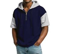 Generico T-shirt pour Homme à Capuche Demi Zip et Manches Courtes avec Blocs de Couleur Sweat-shirt à Capuche et Zip à Un Quatrième Chemise Printemps Été Décontracté Vêtements de Sport, bleu marine