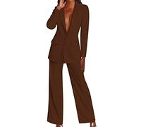 Generico Tailleur Femme Élégant Cérémonie Formelle Blazer & Pantalons Business Fêtes Complet Blazer Manches Longues Bureau Grandes Tailles Vestes de Costume Unie Travail Tailleur 2025, Café, S