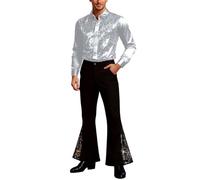 Genérico Tenue de scène - Chemise à paillettes - Pantalon évasé pour adultes - Carnaval pour spectacles Street Dance Show Costume de cosplay pour présentation sur scène, argent métallique, S