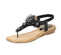 Generico Tongs d'été basses pour femme, avec élastique à la cheville, chaussures avec fleur strass et perles, sangle arrière, chaussures décontractées, idéales pour la plage et les loisirs