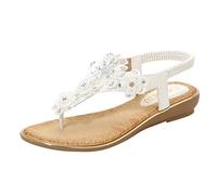 Generico Tongs d'été basses pour femme, avec élastique à la cheville, chaussures avec fleur strass et perles, sangle arrière, chaussures décontractées, idéales pour la plage et les loisirs, Blanc, 36