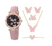 Generico Women's Watch & Jewelry Set de 5 pièces | Imitation Leather Strap, 2in | Butterfly Number Quartz Wristwatch with Bracelet, Ring, Earrings, Necklace | Gift Set, rose, Reportez-vous à la