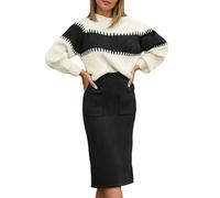 Génériqe Ensemble Élégant de Pull en Tricot et Jupe Robe Longue pour Personnes Exigeantes Ensemble Élégant avec Rayures en Bloc et Manches Ballon Acanalées pour Automne et Hiver, Noir , L