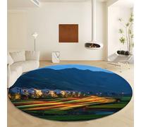 Générique Ø 180 cm Tapis Rond de Paysage Naturel Maisons Montagnes, Moquette Vert Doux Fluffy Antidérapant - Moquette Poils Ras Lavable en Machine pour Chambre à Coucher Salon Enfants Rampant Tapis