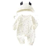 Générique 0-18 Mois, Bébé Fille Coton Trombie Manches Longues Mignon Dot Imprimé Body Volant Bébé Côté Plaquette Printemps Automne Combinaison avec Chapeau (White, 6-9 Months)