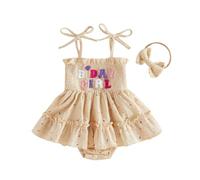 Générique 0-18 Mois, Bébé Filles 1er Anniversaire Tenue Spaghetti Bretelles Romper Robe avec Bandeau sans Manches Princesse Gâteau Smocked Vêtements Combinaison (Light Yellow, 12-18 Months)