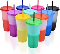 Générique 10 Pièces Gobelets Plastiques Réutilisables avec Couvercle & Paille, 710ml Gobelets à Changement de Couleur, Tasse de Voyage, Verre Plastique Reutilisable pour Enfants Adultes Fête