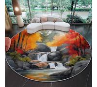 Générique 100 cm Tapis Rond Beauté Cascade Paysage Automne Plante Feuille Tapis Salon avec Envers Antidérapant Et Lavable pour Chambre, Cuisine, Chambre d'enfant, Multicolore Poil Ras Tapis De Marche