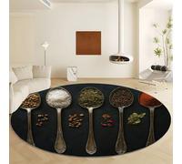 Générique 100 cm Tapis Rond Moderne et Doux Noir, Cuillère À Épices Et Sel en Argent Vintage Tapis à Poils Courts Antidérapant et Lavable, Design Élégant pour Salon Chambre Bureau ou Chambre d’Enfant