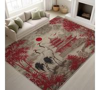 Générique 100 x 150 cm Tapis Rouge Imprimé Encre Style Japonais Tapiss Grue à Couronne Rouge Bambou Temple Oriental Calme Artistique & Tapis antidérapant Magique intégré pour Chambre Bureau