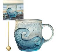 Générique 12 oz Handblown Ocean Wave Glass Mug Cup, Unique Textured Beach Theme Mugs for Tea Wine Coffee, Seas Inspired Drinkware for Ocean Lovers,Holiday Gifts