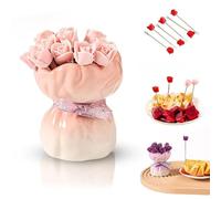 Générique 12 Pcs Rose Shaped Fruit Forks with Elegant Ceramic Storage Vase, Rose Fruit Fork Set, Creative Tableware Set for Home Kitchen, Party, and Dining Decor Accessories (Pink)