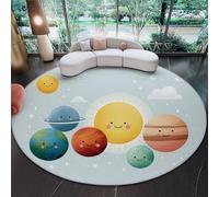 Générique 120 cm Tapis Rond Dessin Animé Planète Mignon Terre Mars Tapis Salon avec Envers Antidérapant Et Lavable pour Chambre, Cuisine, Chambre d'enfant, Couleur Claire Poil Ras Tapis De Marche
