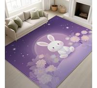 Générique 120 x 150 cm Violet Tapis Lapin Lune Fleurs Étoiles Imprimé Cartoon Rêveur Aquarelle Tapiss Doux Rêveur Romantique Cosy & Tapis antidérapant Magique intégré pour Chambre d’Enfant Chambre