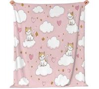 Générique 130 x 150 cm Couverture Flanelle Imprimée Stylée, Dessin Animé Mignon Chaton Nuage Ultra Douce Couverture - Confortable pour Lit et Canapé Rose