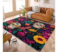 Générique 140x200 cm Tapis Moderne 3D Impression CrâNe Fleuri du Jour des Morts Lavable en Machine Super Doux et Antidérapant Tapis Coloré Décoration d'intérieur Facile à Nettoyer Paillasso Poil Ras