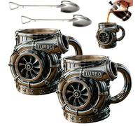 Générique 15oz Retro Engine Coffee Mug,Stainless Steel Engine Turbo Mug, Creative Personalized Car Motor Design Cup,Double Wall Insulation Car Cup with Handle