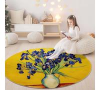 Générique 160 cm Tapis de Salon Rond - Peinture À l'huile Délicate Éléments Floraux Iris Imprimé Décoration Tapis Antidérapant Doux pour Salle à Manger Chambre Canapé Cuisine Salle de Jeux, Jaune