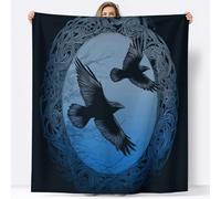 Générique 180 x 200 cm Couverture Plaid Flanelle, Moelleuse Chaudes Légères Bleu Couvertures - Animal Corbeau Lune Imprimé Douillet Plaid Couverture pour Canapé et Lit