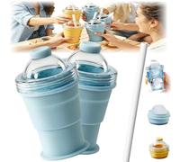 Générique 2 in 1 Collapsible Silicone Ice Ball Maker Cup, 2026 New Portable Foldable Ice Hockey Cup with Straw & Lid, Summer Cold Drink Cups for Coffee, Juice, Home, Gym (Blue+Blue)
